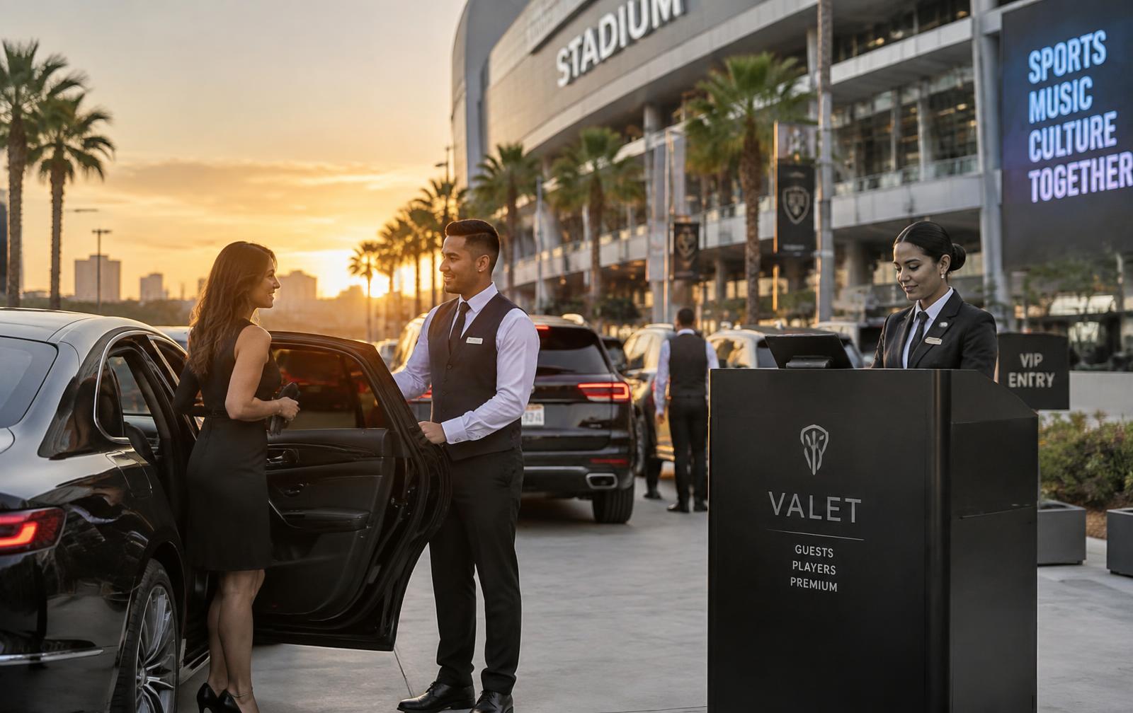 A coordinated ProTex valet operation at a stadium event at night