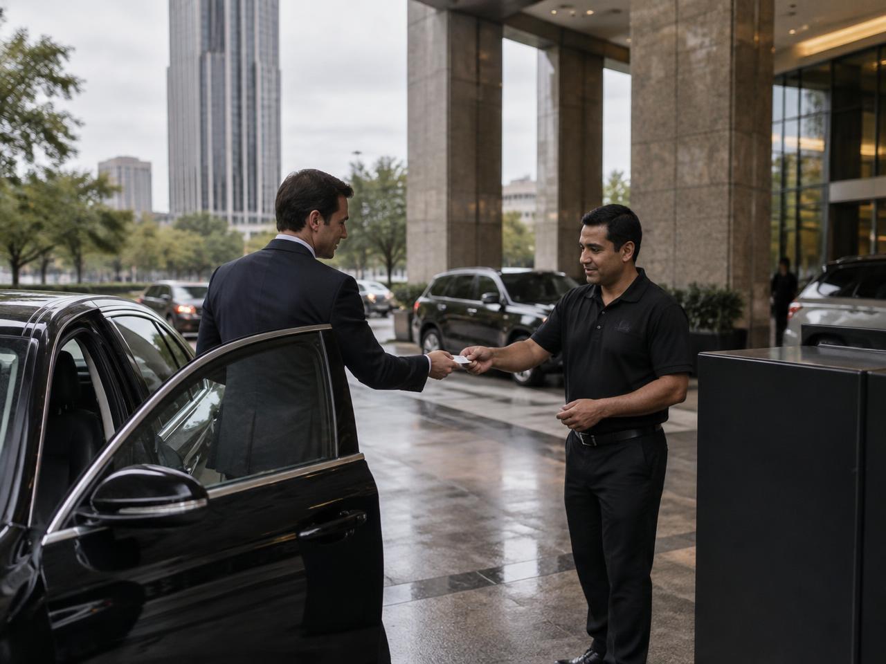 A uniformed ProTex attendant warmly greeting a guest at a luxury entrance